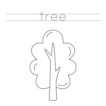 Trace the letters and color cartoon tree. Handwriting practice for kids.