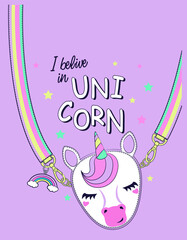 Cross body bag with unicorn head. Slogan I belive in unicorn. Print for girls t shirt. Vector illustration. © Marina Smorodinskaya