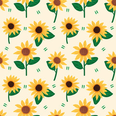 Seamless Pattern with Hand Drawn Sunflower Design on Light Yellow Background