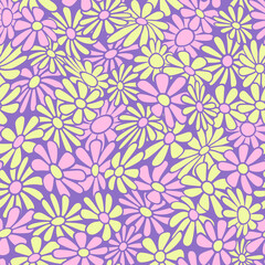 Nostalgic retro 70s groovy print. Hippie style vector seamless pattern.Vintage floral background. Textile and surface design in old fashioned colors