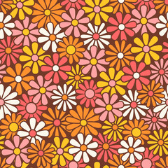 Nostalgic retro 70s groovy print. Hippie style vector seamless pattern.Vintage floral background. Textile and surface design in old fashioned colors