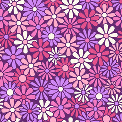 Nostalgic retro 70s groovy print. Hippie style vector seamless pattern.Vintage floral background. Textile and surface design in old fashioned colors