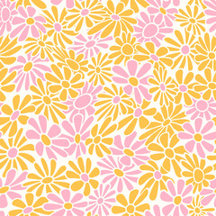 Nostalgic retro 70s groovy print. Hippie style vector seamless pattern.Vintage floral background. Textile and surface design in old fashioned colors