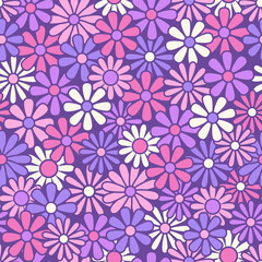 Nostalgic retro 70s groovy print. Hippie style vector seamless pattern.Vintage floral background. Textile and surface design in old fashioned colors