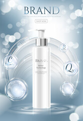 Concept Skin Care cosmetic. Regenerate cream and extract Background. Ads banner  with atoms molecule. Vector illustration.