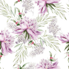 Seamless pattern with flowers. Peony. Watercolor illustration.  Hand drawn. - 508750232