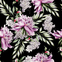 Seamless pattern with flowers. Peony. Watercolor illustration.  Hand drawn. - 508750233