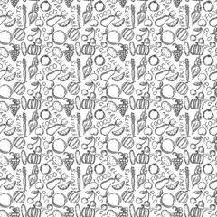 seamless vegetarian food pattern. Doodle vector with vegetarian food icons on white background. Vintage food icons