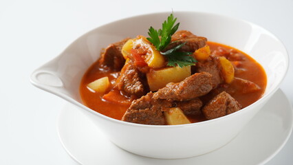 Beef goulash, soup and a stew, made of beef chuck steak, potatoes and plenty of paprika. Hungarian ...