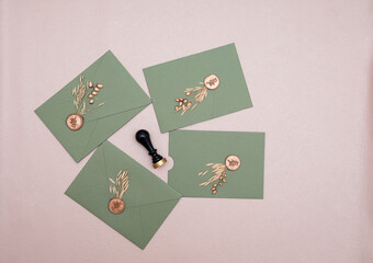 Elegant greenery on wedding invitation card template. top view