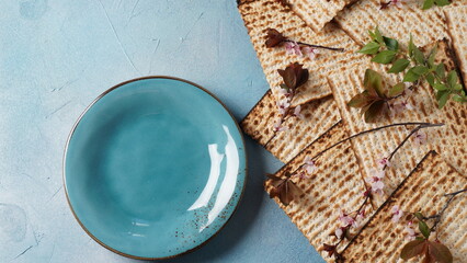 Table served for Passover (Pesach) indoors, with matzah bread as symbolic Pesach (Passover Seder) item.