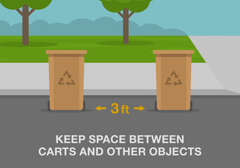 Residential waste and recycling or trash pickup service rules. Correct placement of containers. Keep space between carts and other objects. Flat vector illustration template.  © flatvectors