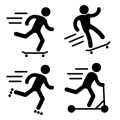Set of black minimalistic skateboarder, scooter, roller skates