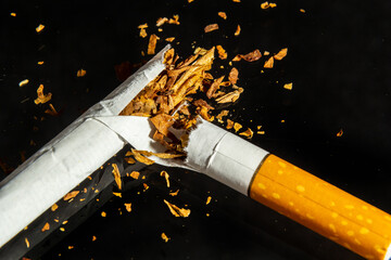 World No Tobacco Day, Broken cigarette isolated on black background. No smoking concept
