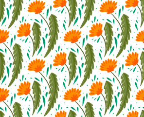 Seamless pattern with flat hand drawn dandelions with foliage on white background with dots and foliage. Vector natural texture with flowers.
