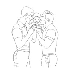 Lgbt happy mens with a baby boy. Hand drawn vector line art of a two man family with a boy child. Design for LGBT, Christmas card, T-shirt design, LGBTQ, pride. Trendy modern design.