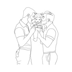 Lgbt happy mens with a baby girl. Hand drawn vector line art of a two man family with a girl child. Design for LGBT, Christmas card, T-shirt design, LGBTQ, pride. Trendy modern design.