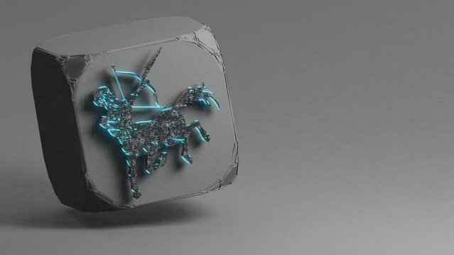 Beautiful Black with blue neon light zodiac sign Sagittarius symbol icons on a beton cube and white gray background. 3d rendering illustration. Loops Video.