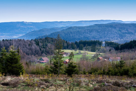 Panorama des hauteurs vosgiennes. Chalets, praires, for&ecirc;ts de sapin et montagnes des Vosges.