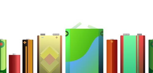 Lot Battery Energy source. Electricity accumulator. Galvanic cell. electrolytic dissociation. Isolated on white background. Salt and helium lithium objects. Vector