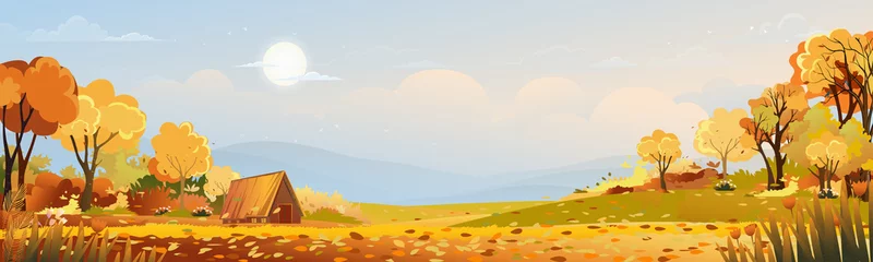 Fototapeten Autumn rural landscape in evening light with sunset, blue and orange sky background,Vector Cartoon fall season at countryside with forest tree and grass field with sunrise,Backdrop natural © Anchalee