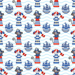 Seamless pattern on the theme of pirates on a striped background. Children's vector pattern. Children's holiday, kids' party, games, baby shower.