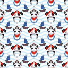 Seamless pattern on the theme of pirates on a striped background. Children's vector pattern. Children's holiday, kids' party, games, baby shower.