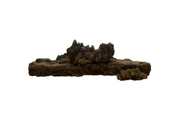 Rocky reef stone is isolated on white background. A big raw strange natural coastal rock for decoration.