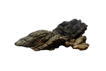 Cut out rocky reef stone isolated on white background. Raw strange natural quartzite coastal rock for outdoor garden decoration.