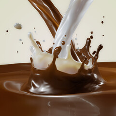 3D Rendering of Isolated Liquid Chocolate Splash with Pouring Liquid Chocolate and Milk