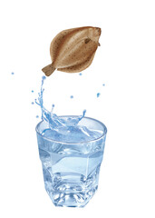 turbot, poisson, sauter, évasion, pêche, eau, en verre, boire, liquide, froid, verser, isolé, blanc, clapoter, éclaboussure, bouillonner, boisson, bleu, abattre, clair, frais, glace, sain, propre, tra