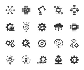 Vector set of process automation flat icons. Contains icons robotic, algorithm, innovation, artificial intelligence, big data, machine learning and more. Pixel perfect.