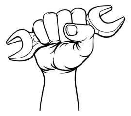 Fist Hand Holding Spanner Wrench Cartoon Concept