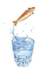 vive, poisson, sauter, évasion, pêche, eau, en verre, boire, liquide, froid, verser, isolé, blanc, clapoter, éclaboussure, bouillonner, boisson, bleu, abattre, clair, frais, glace, sain, propre, trans