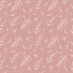 Scandinavian seamless pattern with leaf. Simple pink background with line leaves. Minimalistic wallpaper pattern with nature element. Seamless pattern with botanical element.