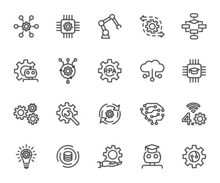 Vector set of process automation line icons. Contains icons robotic, algorithm, innovation, artificial intelligence, big data, machine learning and more. Pixel perfect.