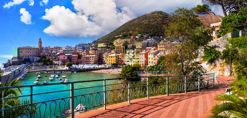 Poster most colorful coastal towns near genova - beautiful nervi village in liguria with nice beach. italy 