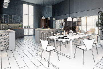 Moderne Wohnküche als Teil eines Loft-Apartments (Entwurf) - 3D Visualisierung
