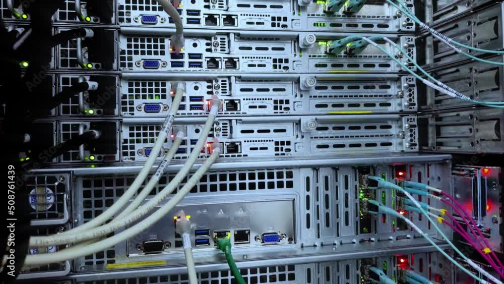 Poster optical fiber. severs computer in a rack at the large data center.