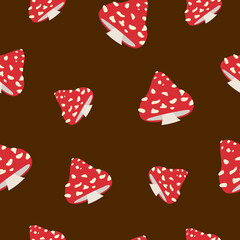 Vector seamless pattern with beautiful amanita or cute agaric on a brown background