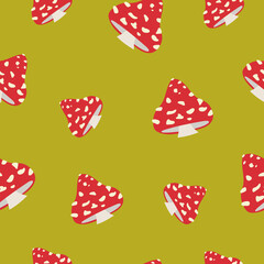 Vector seamless pattern with beautiful amanita or cute agaric on a yellow-green background