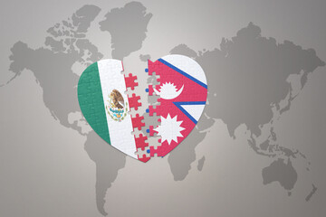 puzzle heart with the national flag of nepal and mexico on a world map background.Concept. - obrazy, fototapety, plakaty
