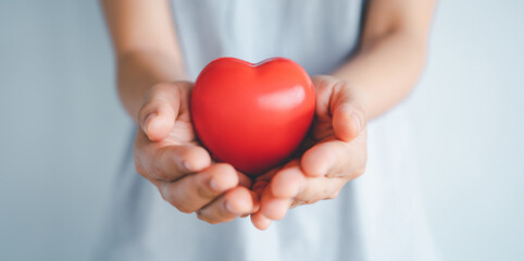 Woman hands holding a red heart, heart health insurance, health care.