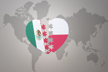 puzzle heart with the national flag of poland and mexico on a world map background.Concept.