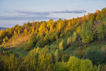Foggy early morning autumn mountains scene. Peaceful picturesque traveling, seasonal, nature and countryside beauty concept scene. Carpathian Mountains, Ukraine.