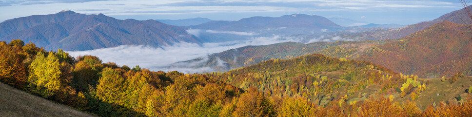 Foggy early morning autumn mountains scene. Peaceful picturesque traveling, seasonal, nature and countryside beauty concept scene. Carpathian Mountains, Ukraine.