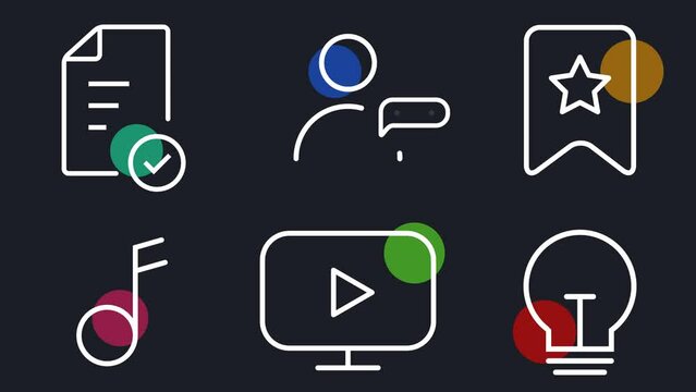 Animated linear set of web icons. Document, chatting, libraries, music, tv and idea loop icons. Set of web thematic icons.