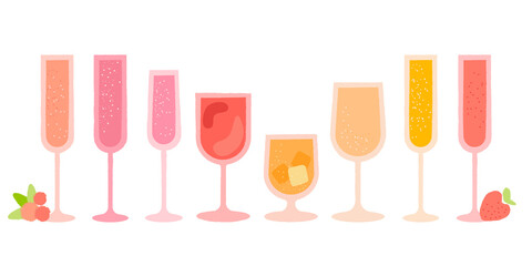 Alcoholic glasses set with wine and champagne. Vector flat illustration with texture. Sparkling champagne glass of  with bubbles. White and red wine glasses for logo and banner