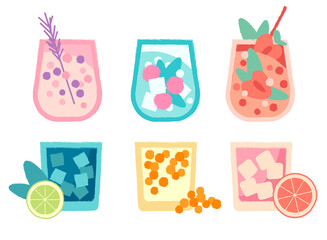 Set juice glasses. Refreshing summer cocktails. Vector flat texture illustration. Alcohol cocktail drink with ice for bar. Healthy smoothie with berries and citrus. Bright illustration cold drinks