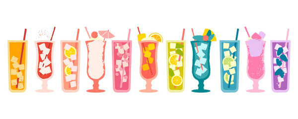 Set juice and milkshakes. Vector flat illustration with texture. Refreshing drink for bar. Alcoholic cocktail with ice. Healthy drink with berries and citrus. Milkshake with marshmallows and cream